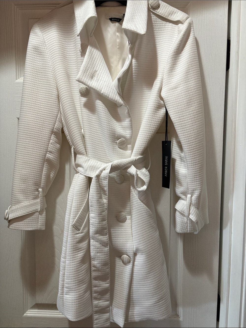 Ivanka Trump White Textured Double-Breasted Trench Coat